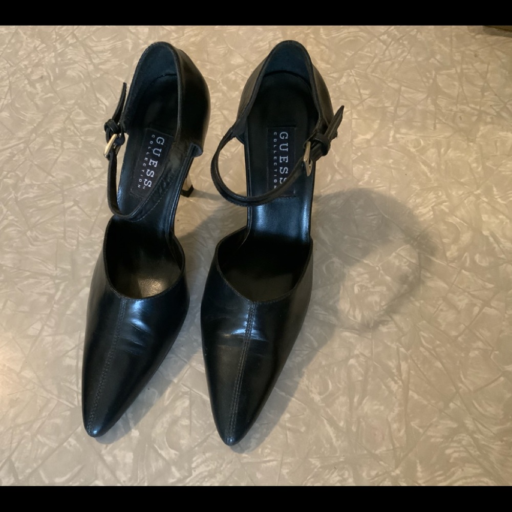 “Guess” black leather metal heel stilettos